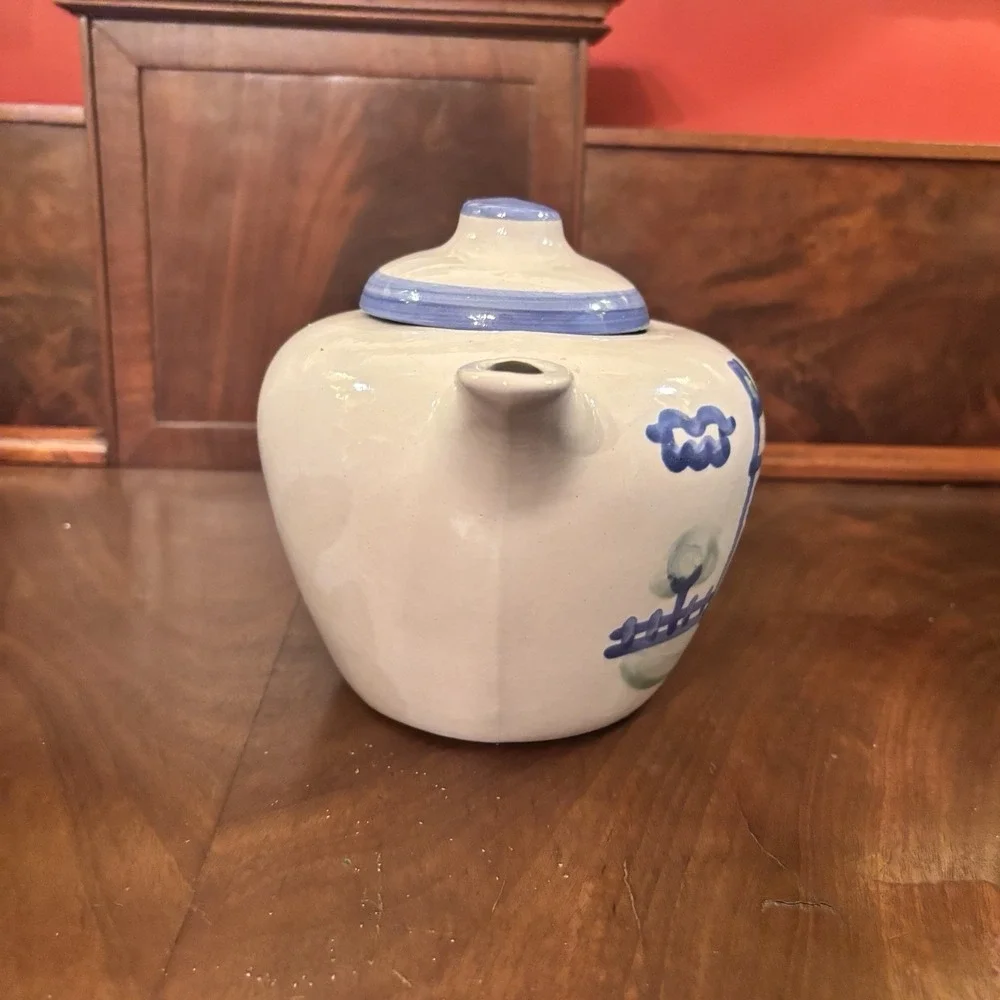 Vintage M.A. Hadley Country Scene Blue House Teapot Hand Painted Pottery